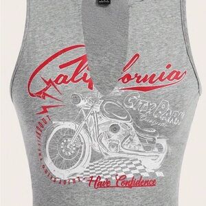 SHEIN Gray Tank Top with Red and White Motorcycle Design